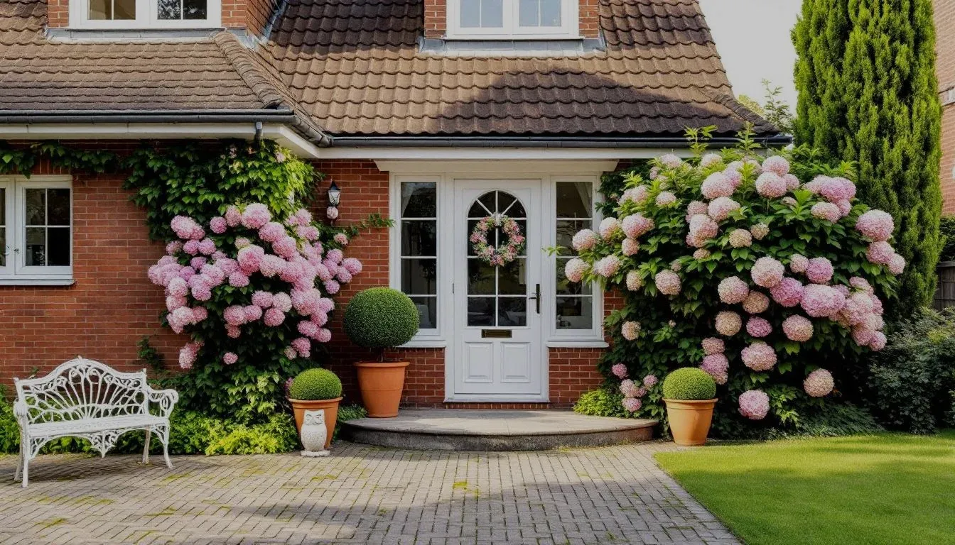 Einfamilienhaus mit weißer Haustür, Hortensien und Gartenbank